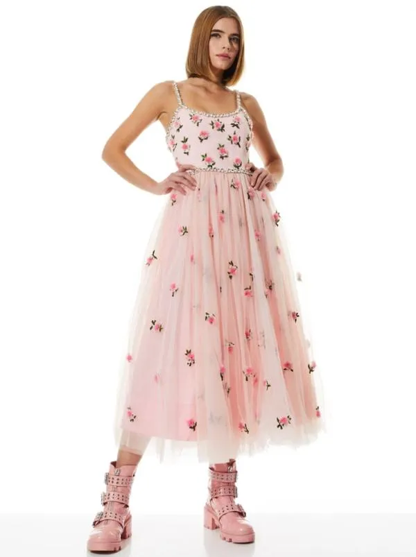 Dresses Women Alice Olivia LUPITA CRYSTAL STRAP EMBELLISHED TULLE MIDI GOWN Petalprimrose