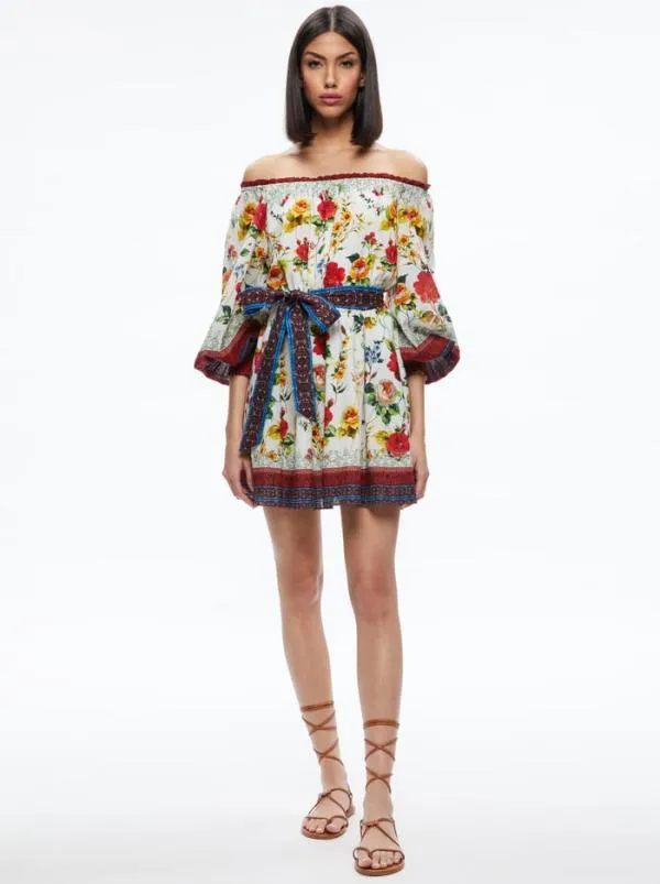 Dresses Women Alice Olivia MARY OFF SHOULDER TIE BELT DRESS Dew Floral
