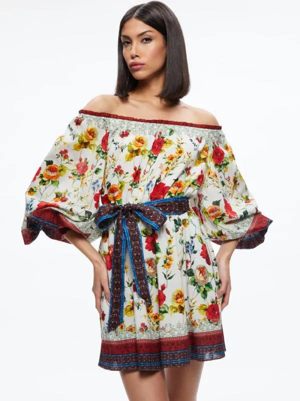 Dresses Women Alice Olivia MARY OFF SHOULDER TIE BELT DRESS Dew Floral