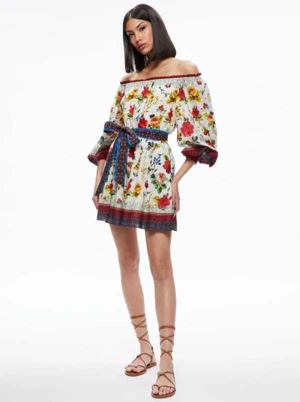 Dresses Women Alice Olivia MARY OFF SHOULDER TIE BELT DRESS Dew Floral