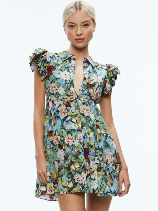 Dresses Women Alice Olivia MEEKO RUFFLE SLEEVE SHIRT DRESS Breeze Floral