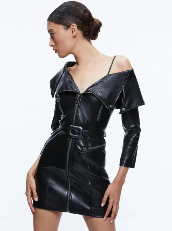 Dresses Women Alice Olivia MIARA VEGAN LEATHER MOTO DRESS Black