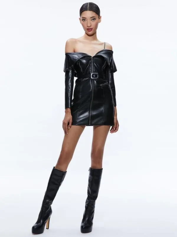 Dresses Women Alice Olivia MIARA VEGAN LEATHER MOTO DRESS Black