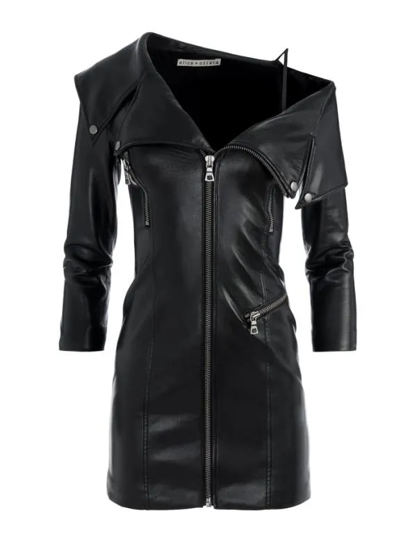Dresses Women Alice Olivia MIARA VEGAN LEATHER MOTO DRESS Black