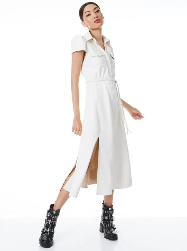 Dresses Women Alice Olivia MIRANDA SHORT SLEEVE VEGAN LEATHER MIDI DRESS Ecru
