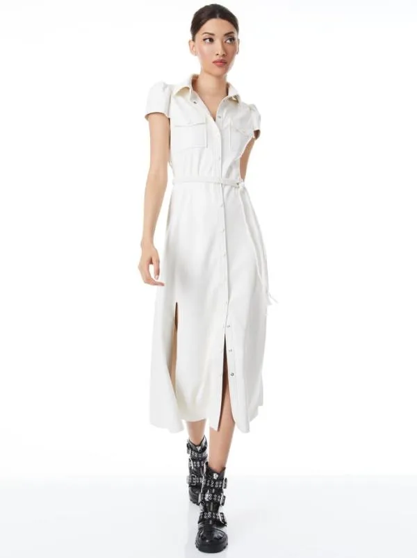 Dresses Women Alice Olivia MIRANDA SHORT SLEEVE VEGAN LEATHER MIDI DRESS Ecru