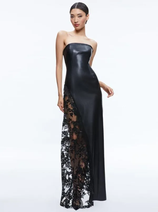 Dresses Women Alice Olivia RETHA VEGAN LEATHER LACE MAXI DRESS Black