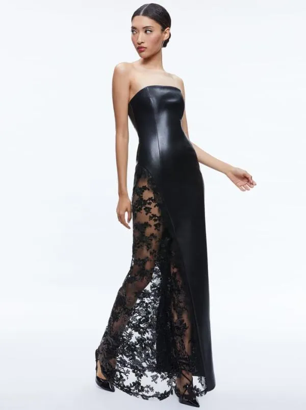 Dresses Women Alice Olivia RETHA VEGAN LEATHER LACE MAXI DRESS Black