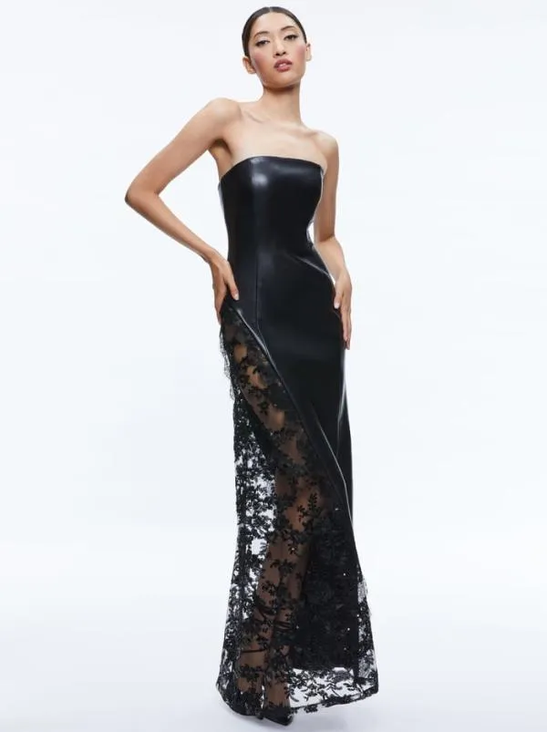 Dresses Women Alice Olivia RETHA VEGAN LEATHER LACE MAXI DRESS Black