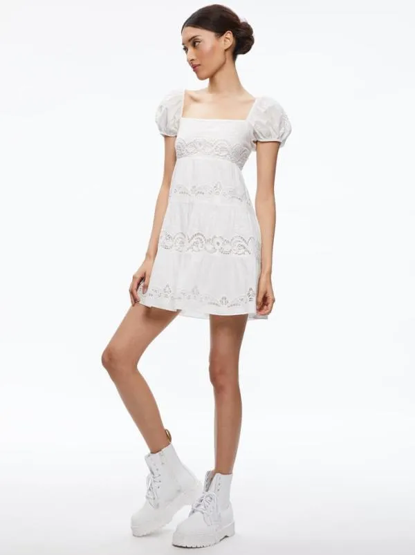 Dresses Women Alice Olivia ROWEN EMBROIDERED TIERED MINI DRESS White