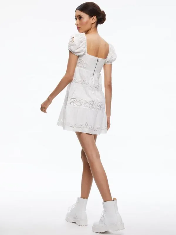Dresses Women Alice Olivia ROWEN EMBROIDERED TIERED MINI DRESS White