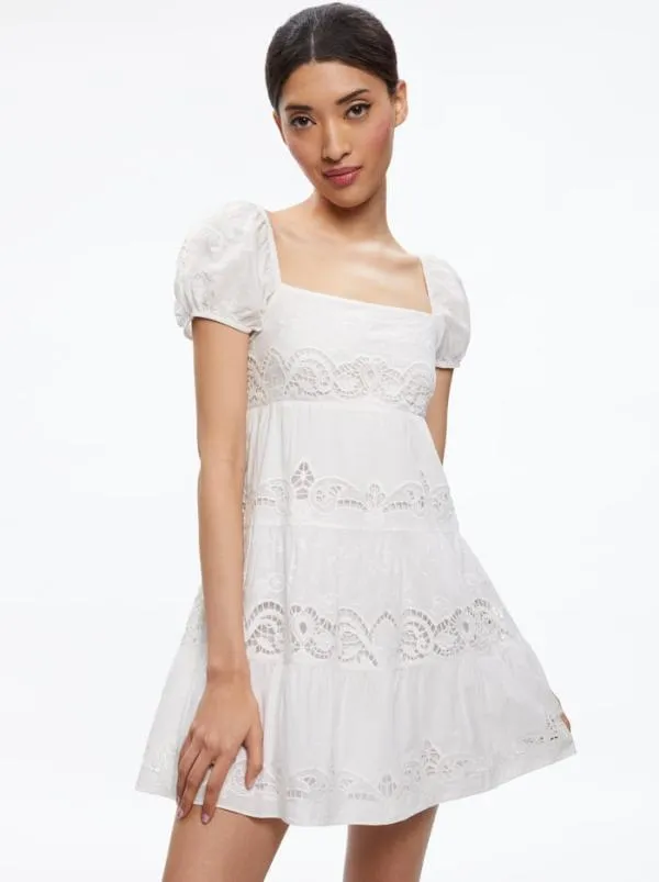Dresses Women Alice Olivia ROWEN EMBROIDERED TIERED MINI DRESS White