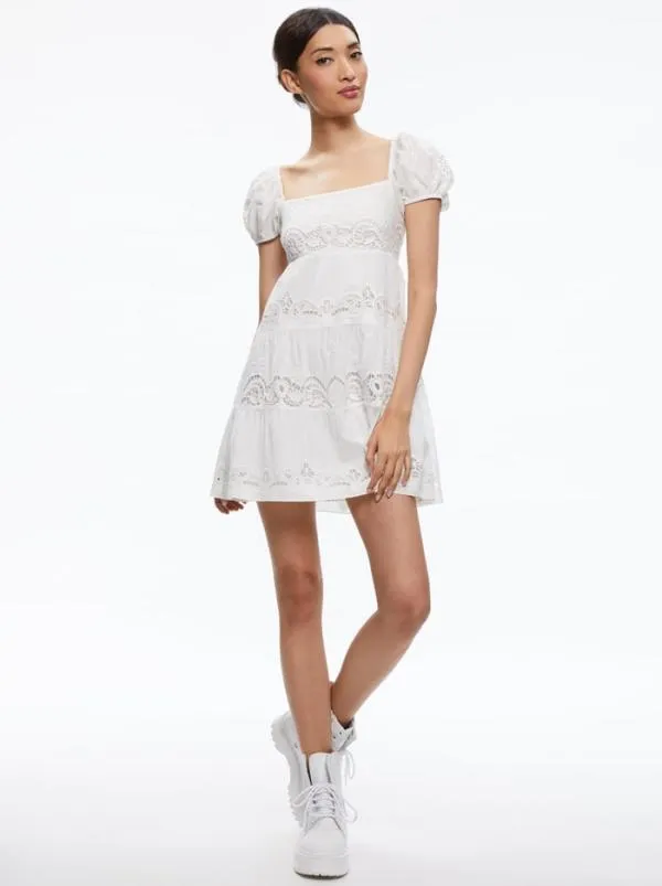Dresses Women Alice Olivia ROWEN EMBROIDERED TIERED MINI DRESS White