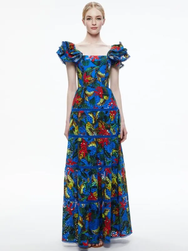 Dresses Women Alice Olivia TAWNY EYELET SQUARE NECK MAXI DRESS Tropical Sunrise Sapphire