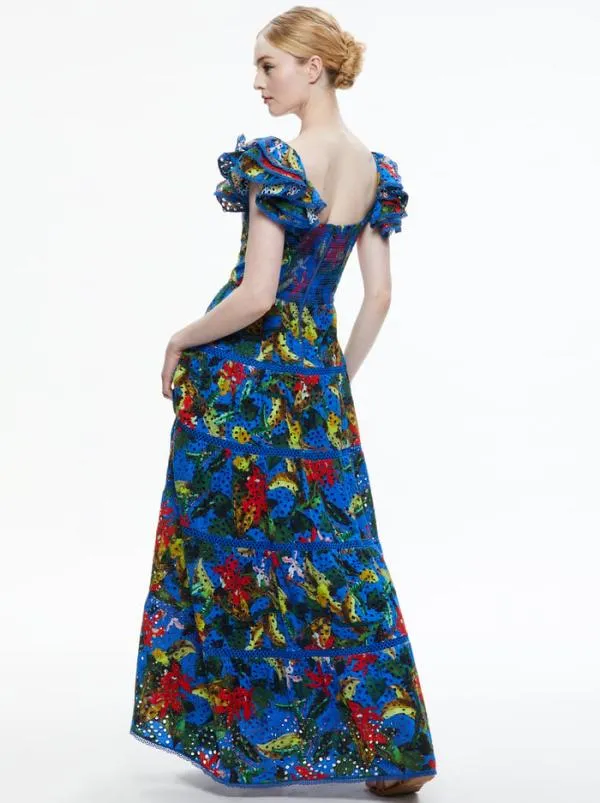 Dresses Women Alice Olivia TAWNY EYELET SQUARE NECK MAXI DRESS Tropical Sunrise Sapphire