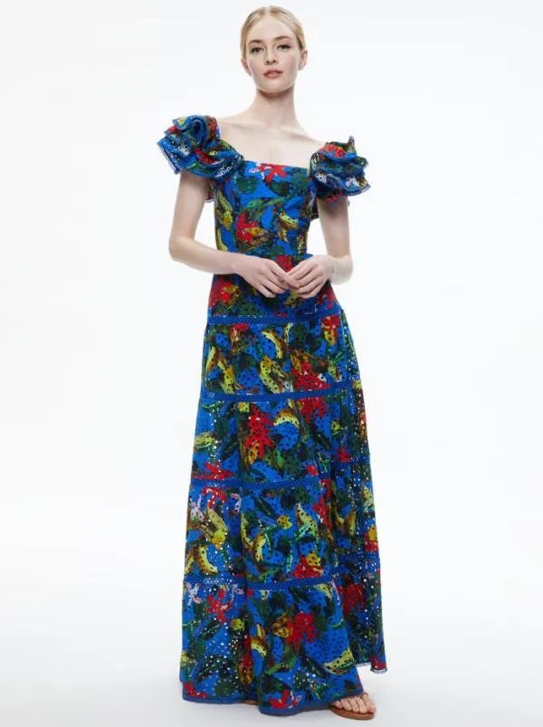 Dresses Women Alice Olivia TAWNY EYELET SQUARE NECK MAXI DRESS Tropical Sunrise Sapphire