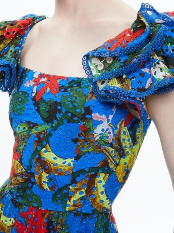 Dresses Women Alice Olivia TAWNY EYELET SQUARE NECK MAXI DRESS Tropical Sunrise Sapphire