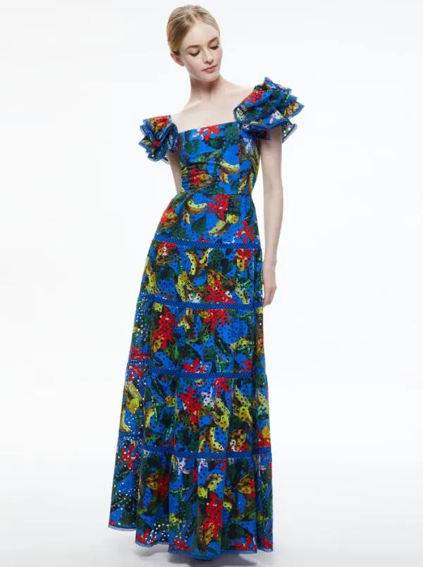 Dresses Women Alice Olivia TAWNY EYELET SQUARE NECK MAXI DRESS Tropical Sunrise Sapphire