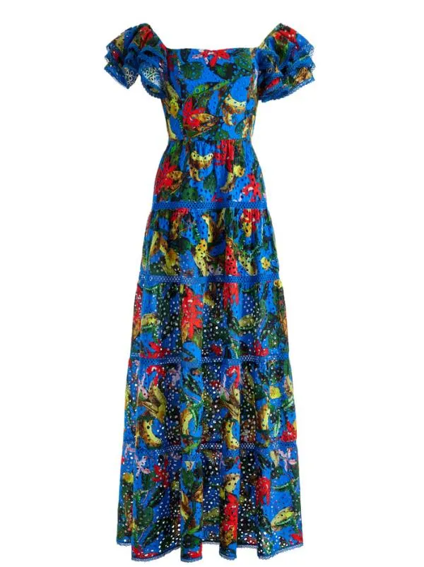Dresses Women Alice Olivia TAWNY EYELET SQUARE NECK MAXI DRESS Tropical Sunrise Sapphire