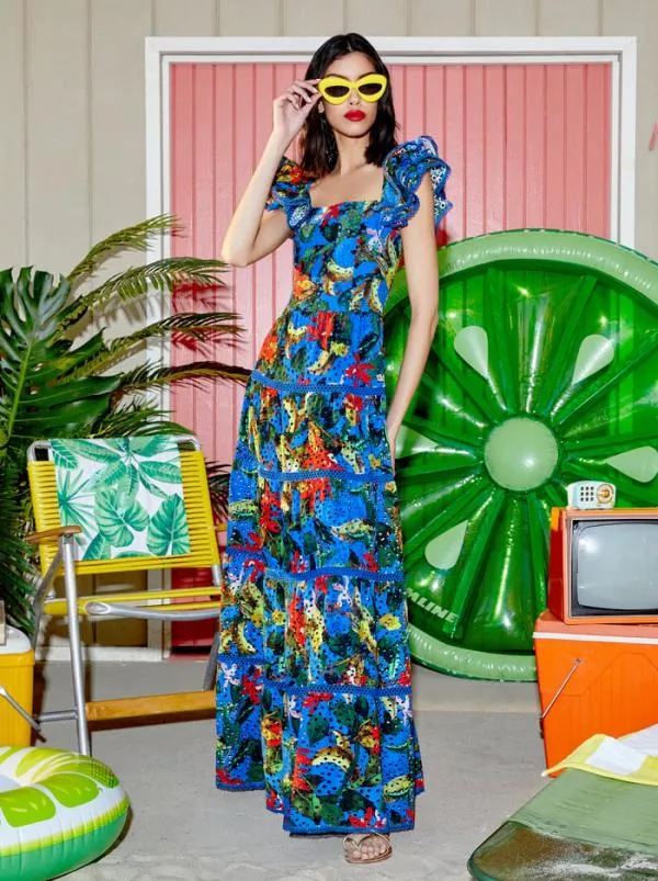 Dresses Women Alice Olivia TAWNY EYELET SQUARE NECK MAXI DRESS Tropical Sunrise Sapphire