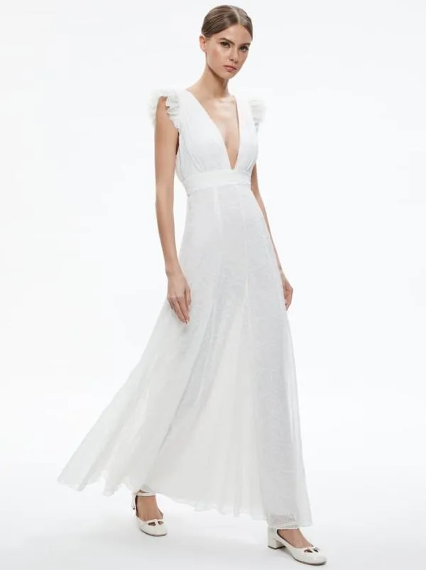Dresses Women Alice Olivia VANNA VNECK RUFFLE SLEEVE MAXI DRESS White