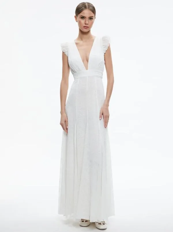 Dresses Women Alice Olivia VANNA VNECK RUFFLE SLEEVE MAXI DRESS White
