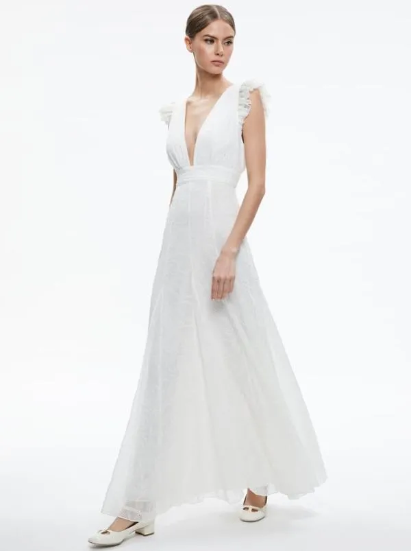 Dresses Women Alice Olivia VANNA VNECK RUFFLE SLEEVE MAXI DRESS White