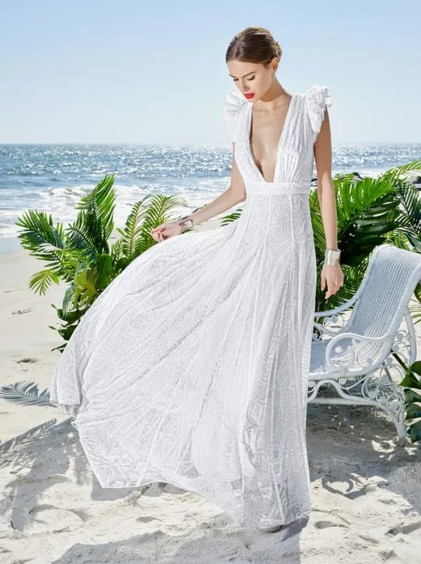 Dresses Women Alice Olivia VANNA VNECK RUFFLE SLEEVE MAXI DRESS White
