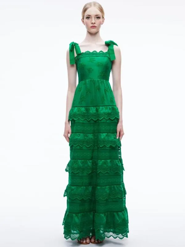 Dresses Women Alice Olivia VEGA EYELET TIERED MAXI DRESS Emerald