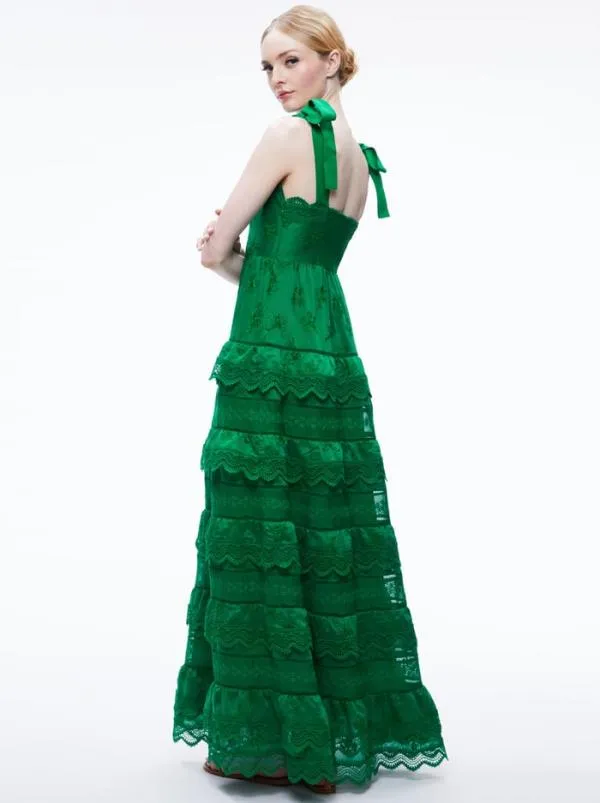 Dresses Women Alice Olivia VEGA EYELET TIERED MAXI DRESS Emerald