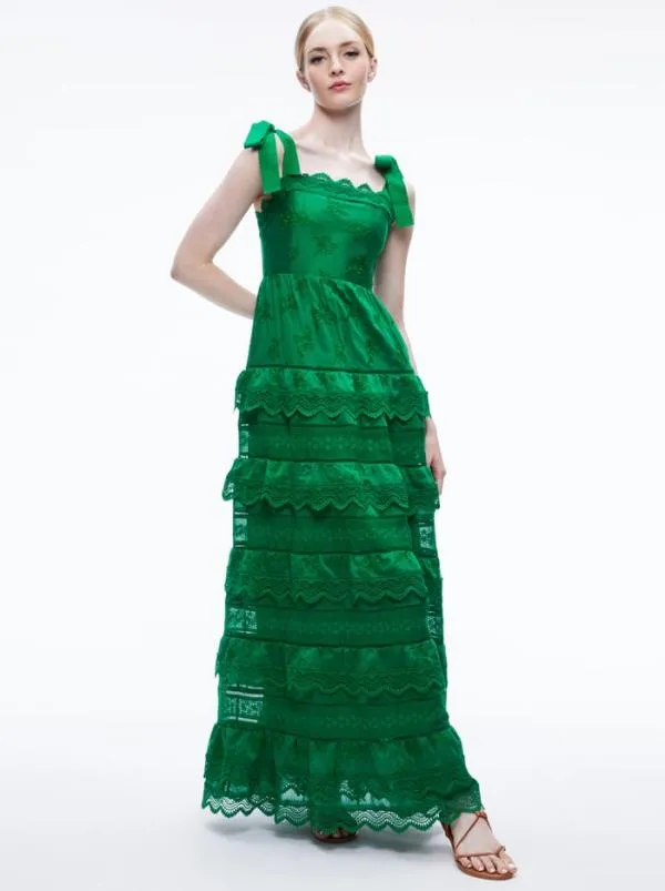 Dresses Women Alice Olivia VEGA EYELET TIERED MAXI DRESS Emerald