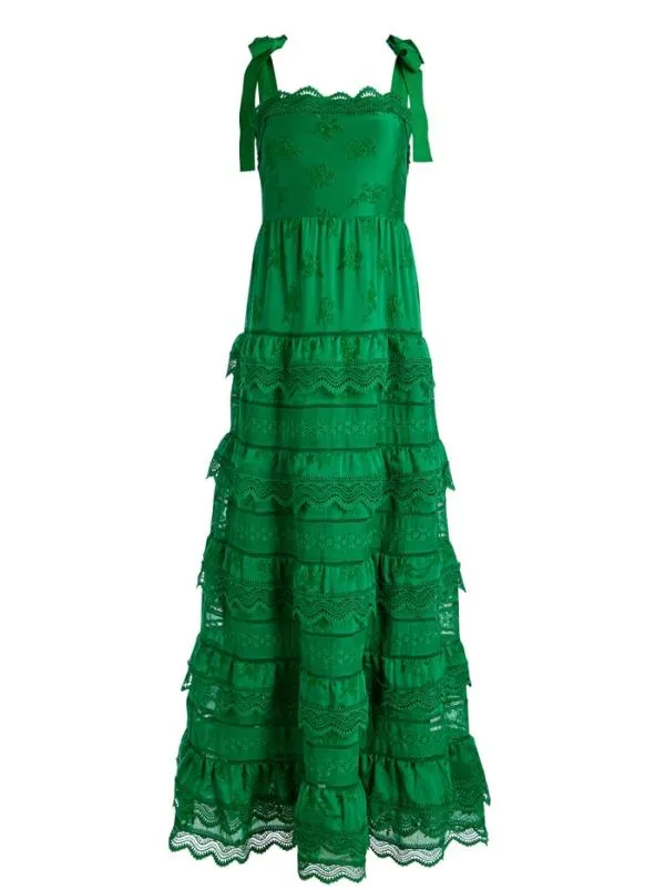 Dresses Women Alice Olivia VEGA EYELET TIERED MAXI DRESS Emerald