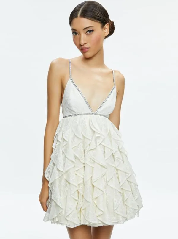 Dresses Women Alice Olivia WILMARIE EMBELLISHED LACE RUFFLE MINI GOWN Off White