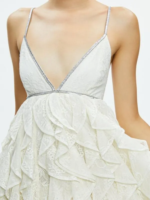 Dresses Women Alice Olivia WILMARIE EMBELLISHED LACE RUFFLE MINI GOWN Off White