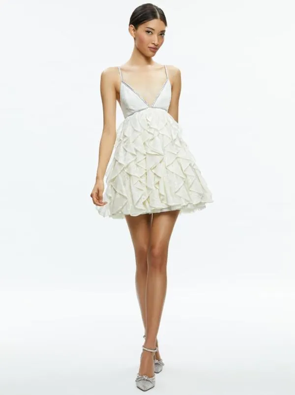 Dresses Women Alice Olivia WILMARIE EMBELLISHED LACE RUFFLE MINI GOWN Off White