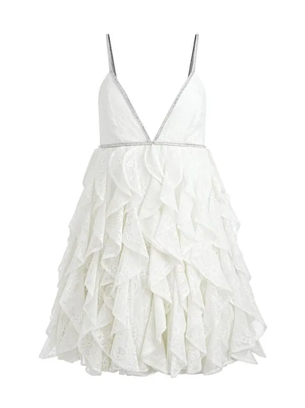 Dresses Women Alice Olivia WILMARIE EMBELLISHED LACE RUFFLE MINI GOWN Off White