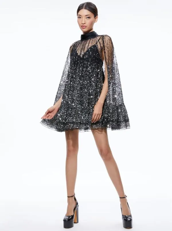 Dresses Women Alice Olivia ZENON SEQUIN CAPE MINI DRESS Blacksilver