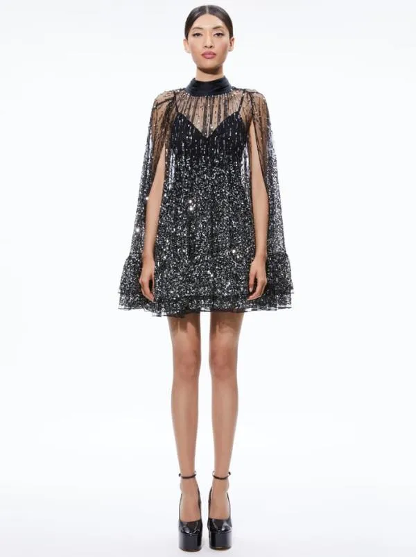 Dresses Women Alice Olivia ZENON SEQUIN CAPE MINI DRESS Blacksilver
