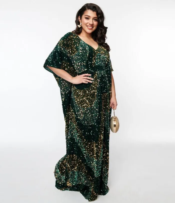 Emerald and Gold Sequin Burton Caftan Dress DressesPlus Unique Vintage Midi and Maxi