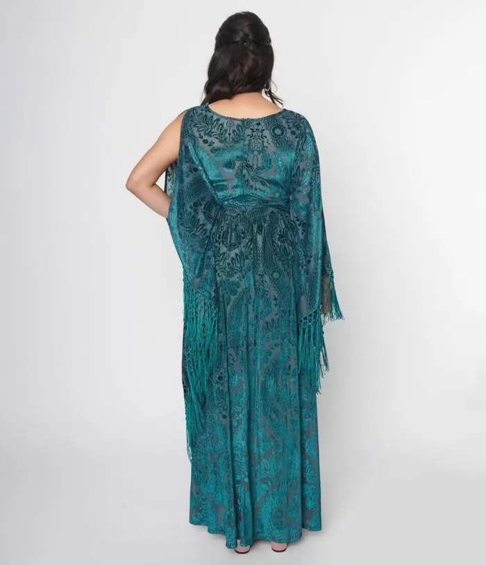 Emerald Floral Fringe Flutter Sleeve Caftan DressesPlus Unique Vintage Midi and Maxi