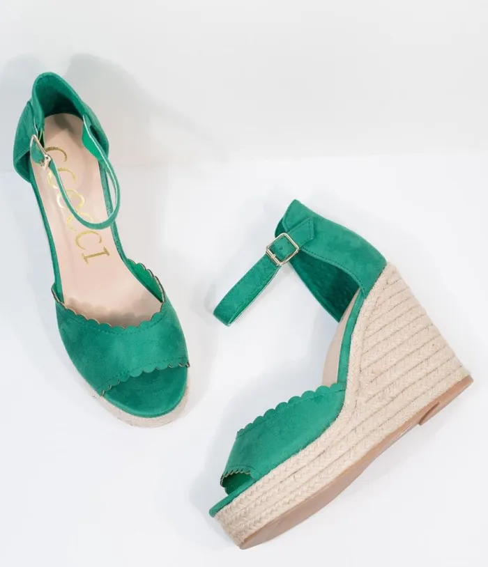 Emerald Suede Peep Toe Espadrille Wedges Shoes Unique Vintage Sandals