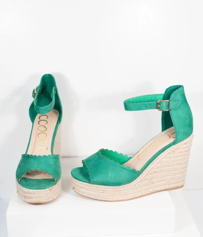 Emerald Suede Peep Toe Espadrille Wedges Shoes Unique Vintage Sandals