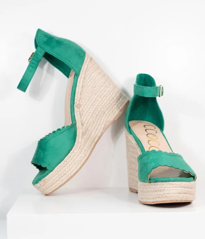 Emerald Suede Peep Toe Espadrille Wedges Shoes Unique Vintage Sandals