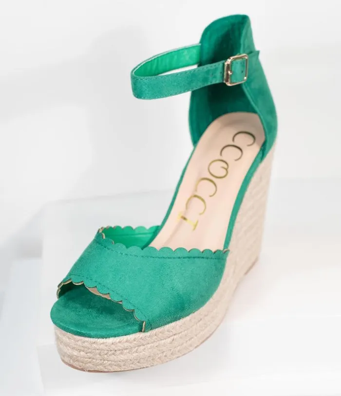 Emerald Suede Peep Toe Espadrille Wedges Shoes Unique Vintage Sandals
