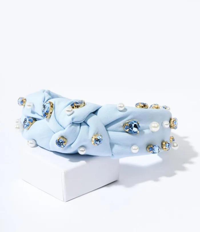 Faux Pearl and Blue Rhinestone Studded Baby Blue Knot Headband Accessories Unique Vintage Headbands Faux Pearl and Blue Rhinestone Studded Baby Blue Knot Headband Accessories Unique Vintage Headbands