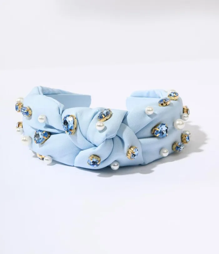Faux Pearl and Blue Rhinestone Studded Baby Blue Knot Headband Accessories Unique Vintage Headbands