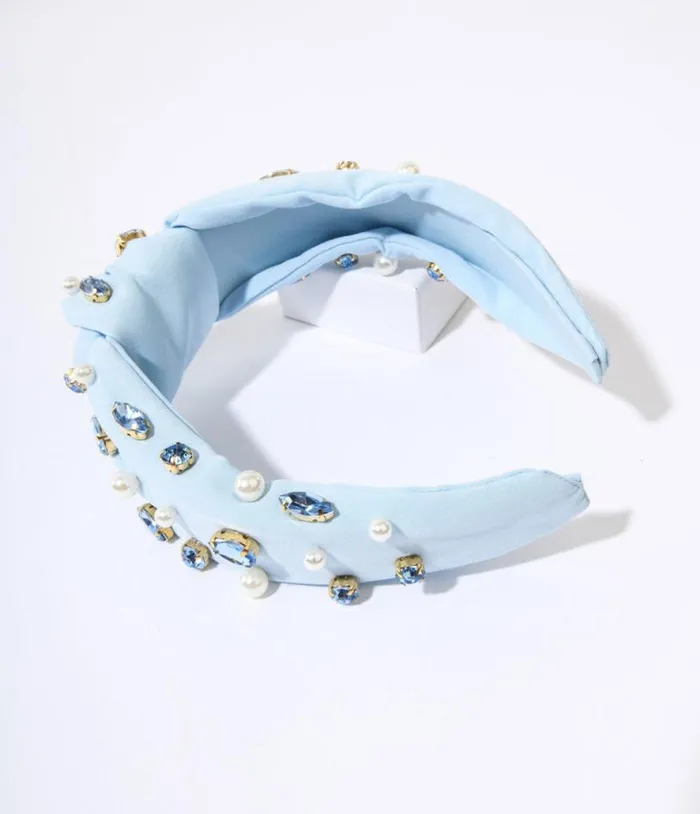 Faux Pearl and Blue Rhinestone Studded Baby Blue Knot Headband Accessories Unique Vintage Headbands