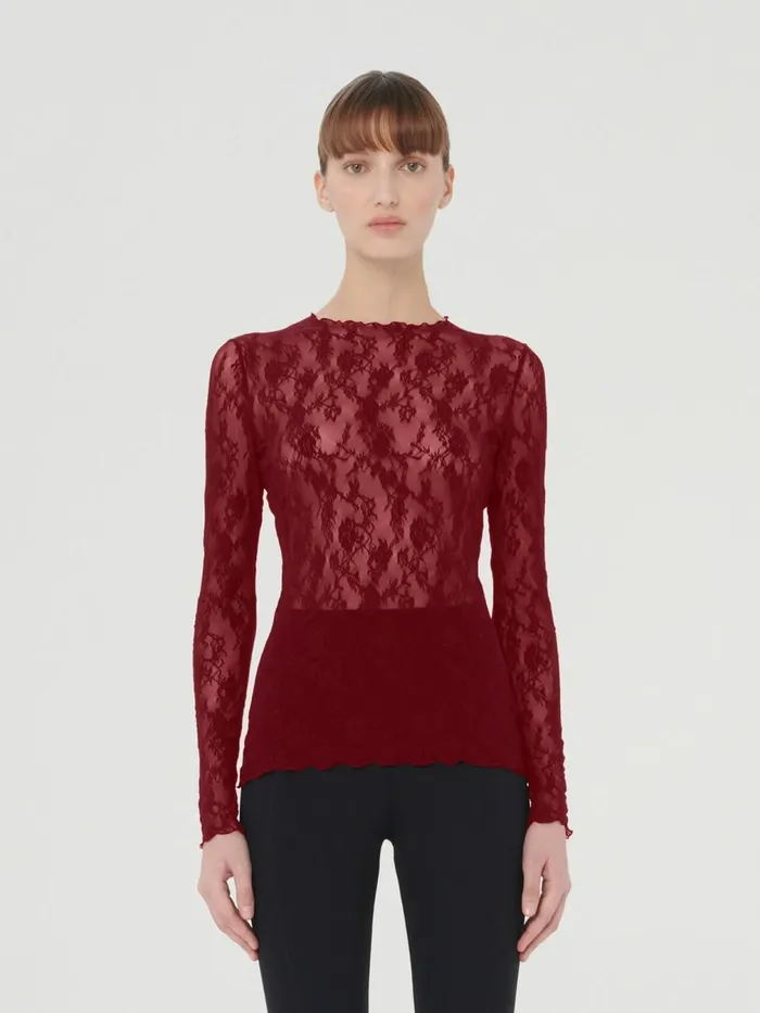 Floral Lace Top Long Sleeves Soft Cherry Women Wolford Tops
