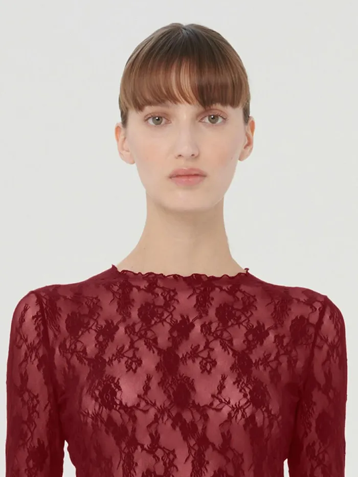 Floral Lace Top Long Sleeves Soft Cherry Women Wolford Tops