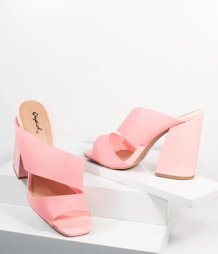 Frosted Pink Vinyl Peep Toe Mule Heels Shoes Unique Vintage Sandals